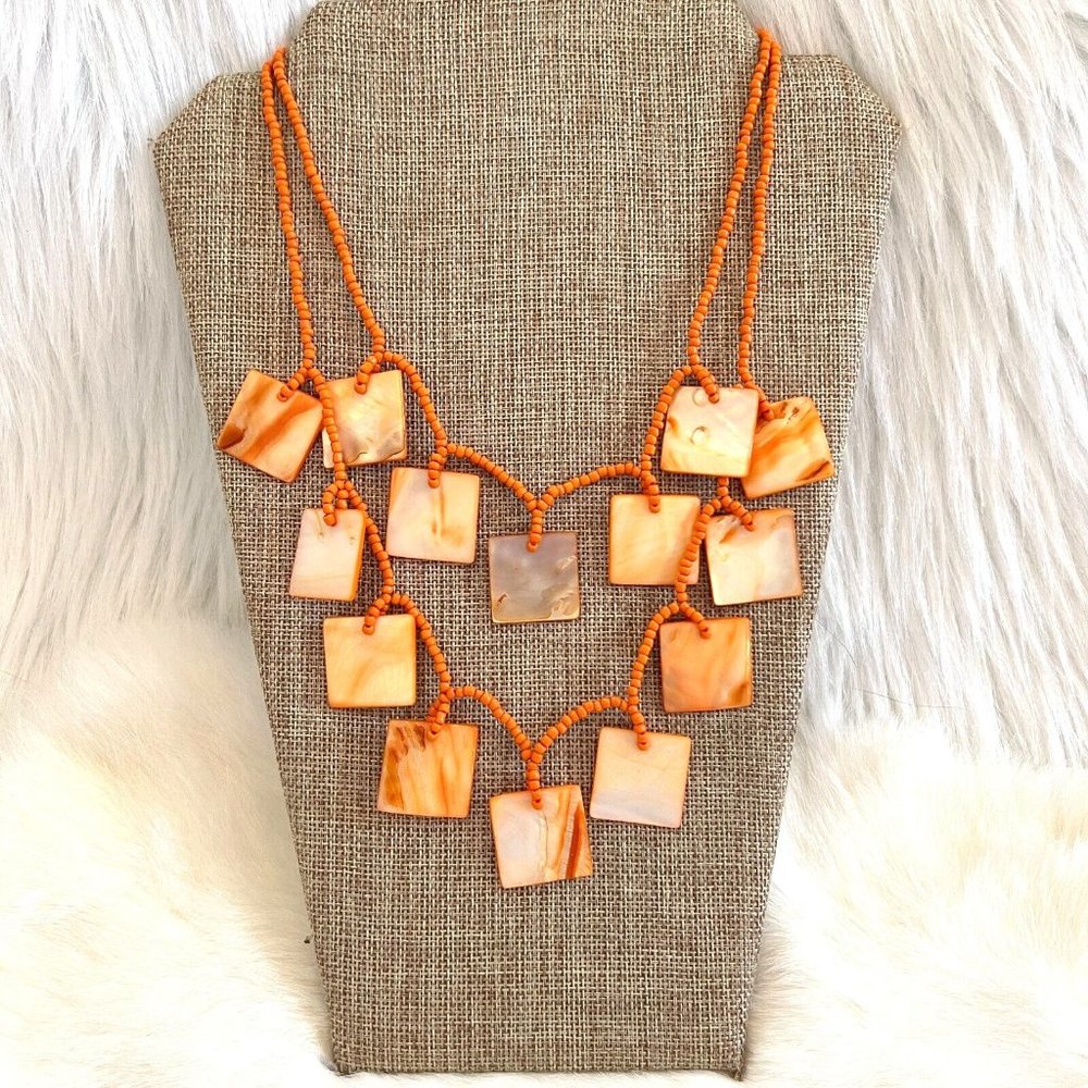 Vtg Geometric Necklace Mother of Pearl Orange Dyed Art to Wear Beachy Boho 13827